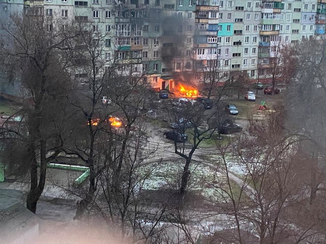 <p>Fire is seen in Mariupol at a residential area after shelling amid Russia's invasion of Ukraine March 3, 2022, in this image obtained from social media.</p>