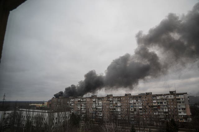 <p>File: Smoke rise after shelling by Russian forces in Mariupol, Ukraine</p>