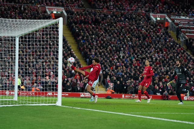 <p>Trent Alexander-Arnold produced a remarkable goalline clearance to deny Pablo Fronals during the win at West Ham</p>