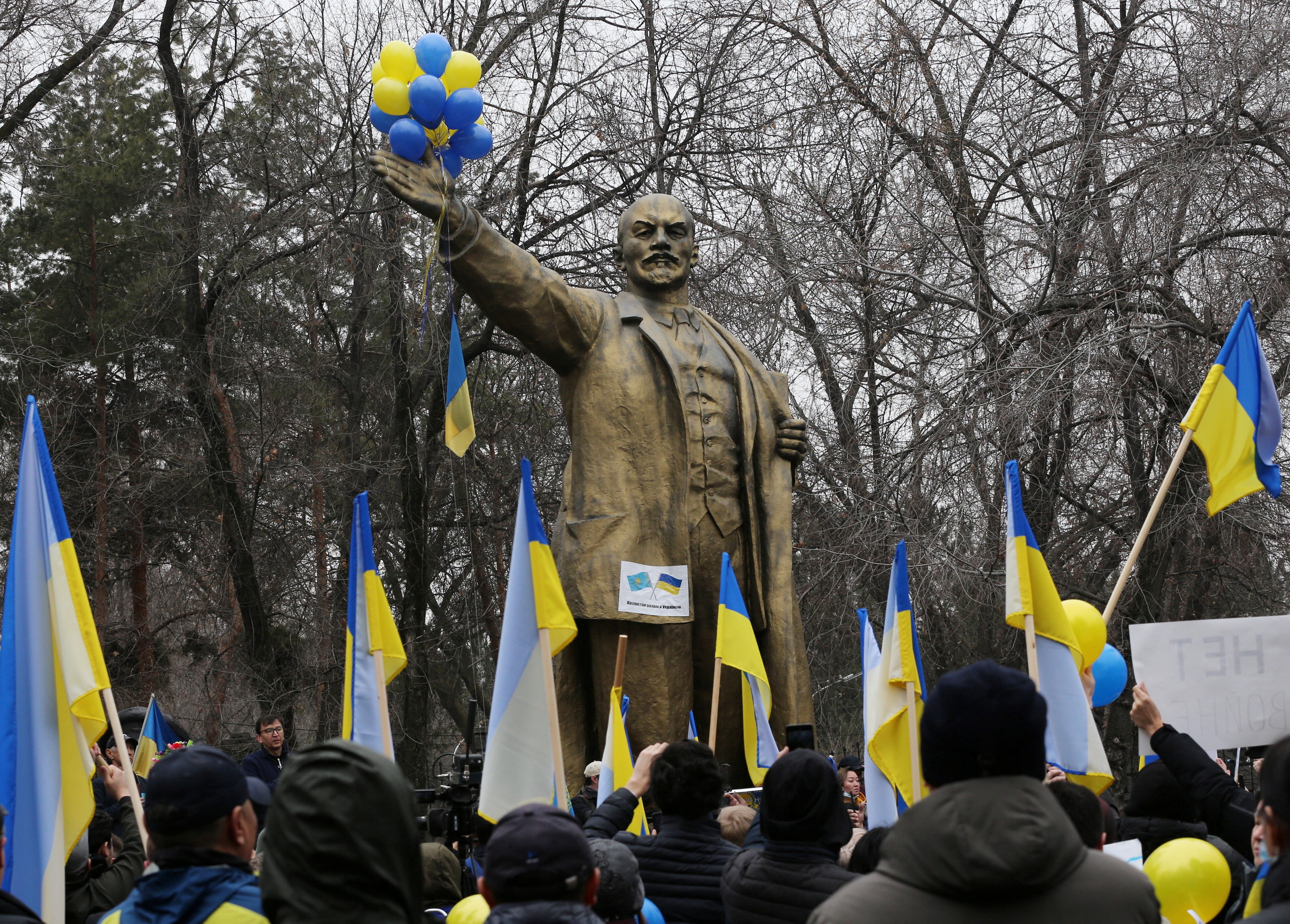 Demonstrators take part in an anti-war protest in support of Ukraine in Almaty, Kazakhstan, 6 March 2022