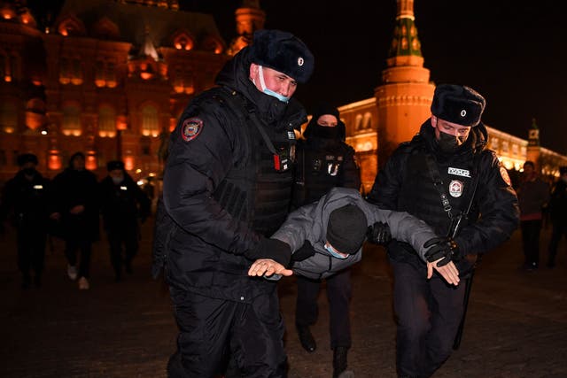 <p>File photo: Police officers detain a man during a protest against Russia’s invasion of Ukraine in central Moscow, 2 March 2022</p>