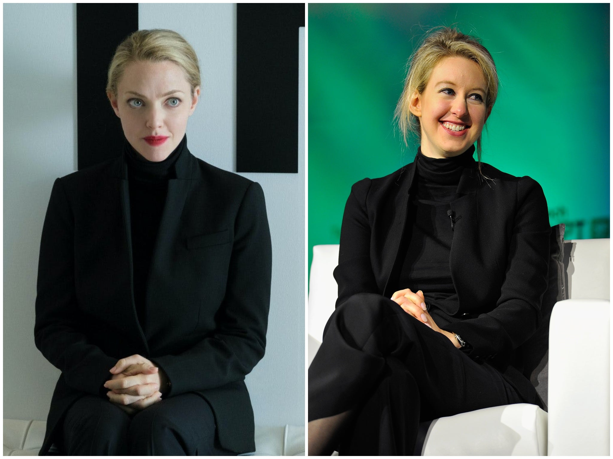 Amanda Seyfried in The Dropout (left) and Elizabeth Holmes in 2014 (right)