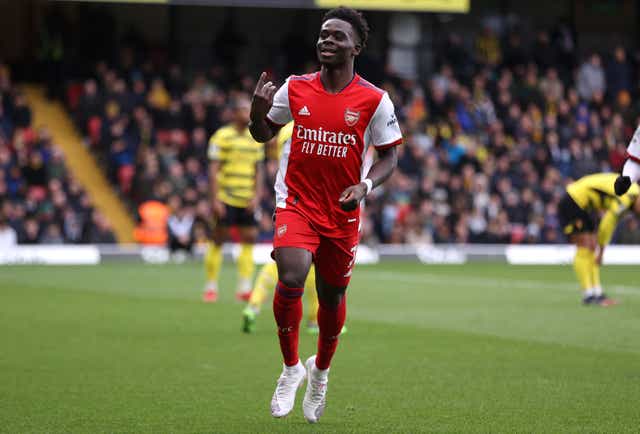 <p>Bukayo Saka scored Arsenal’s second goal at Vicarage Road </p>