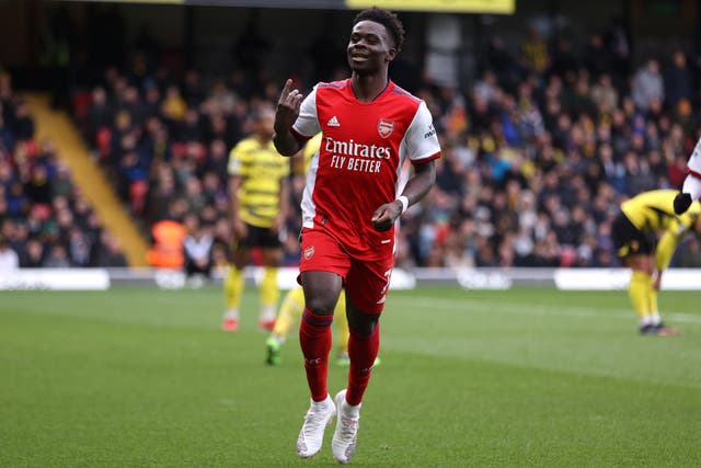<p>Bukayo Saka scored Arsenal’s second goal at Vicarage Road </p>