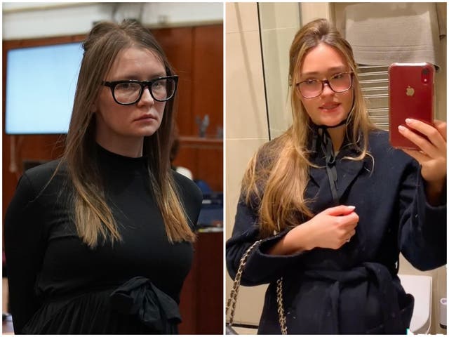 <p>Anna Delvey (left) during her 2019 trial and TikTok user @jordaanjane (right)</p>