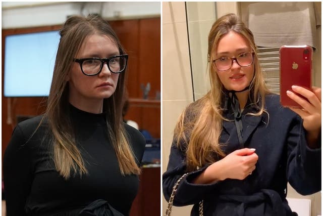 <p>Anna Delvey (left) during her 2019 trial and TikTok user @jordaanjane (right)</p>