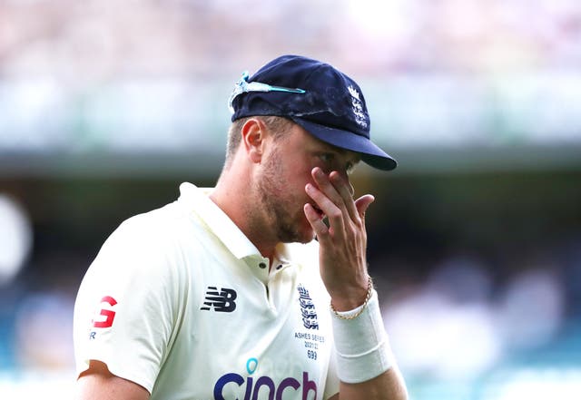 England’s Ollie Robinson lwill miss the first Test against the West Indies because of injury (Jason O’Brien/PA)