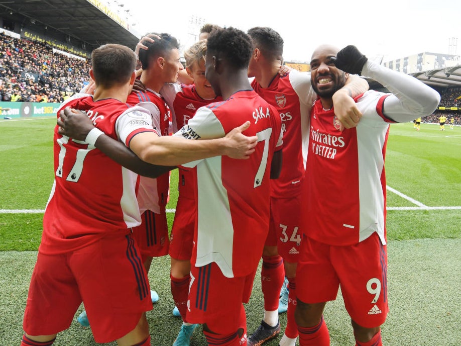 Lacazette (right) celebrates after setting up Gabriel Martinelli for Arsenal’s third goal
