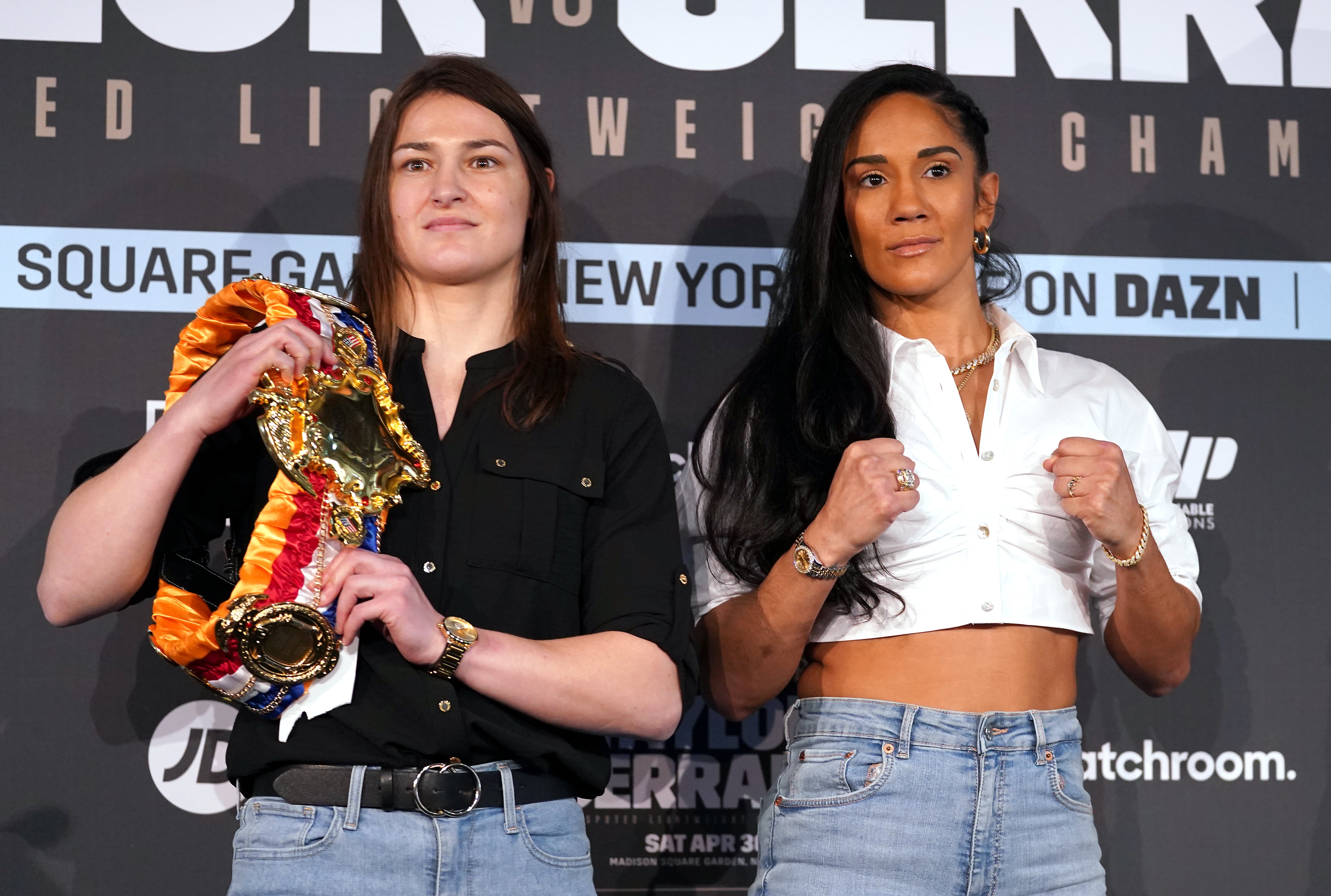 Katie Taylor, left, and Amanda Serrano fight on April 30 (Adam Davy/PA)