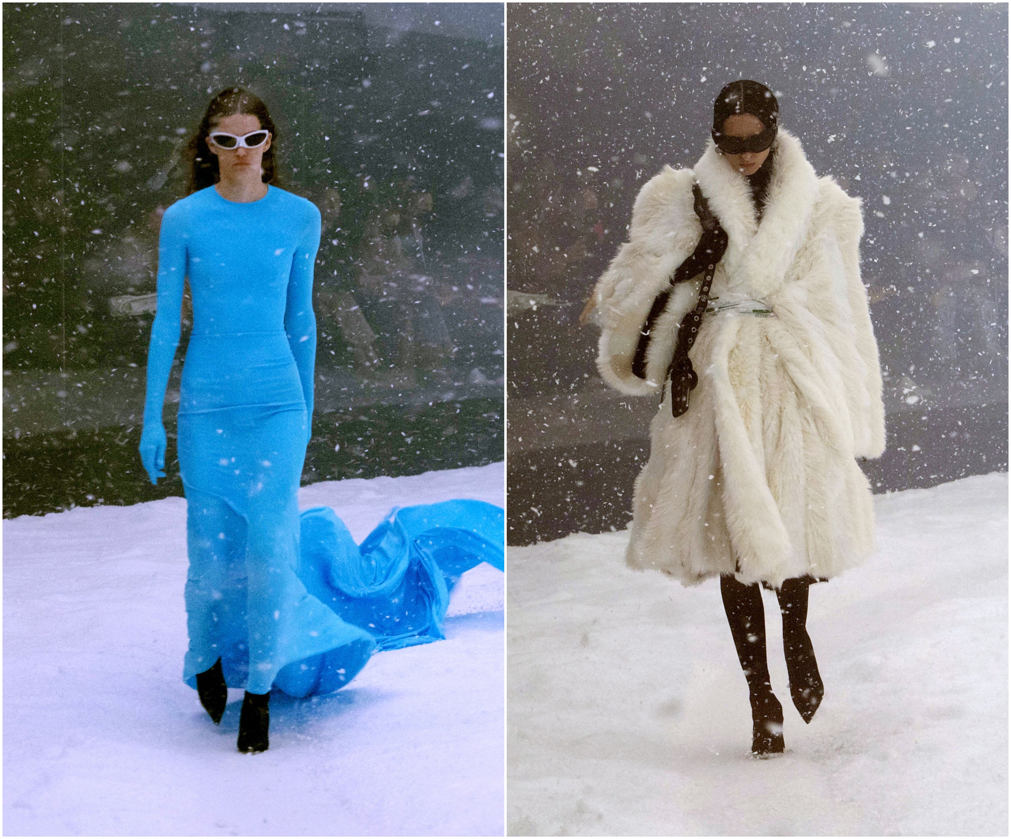 Models who walked in the show struggled forward against a makeshift snow blizzard