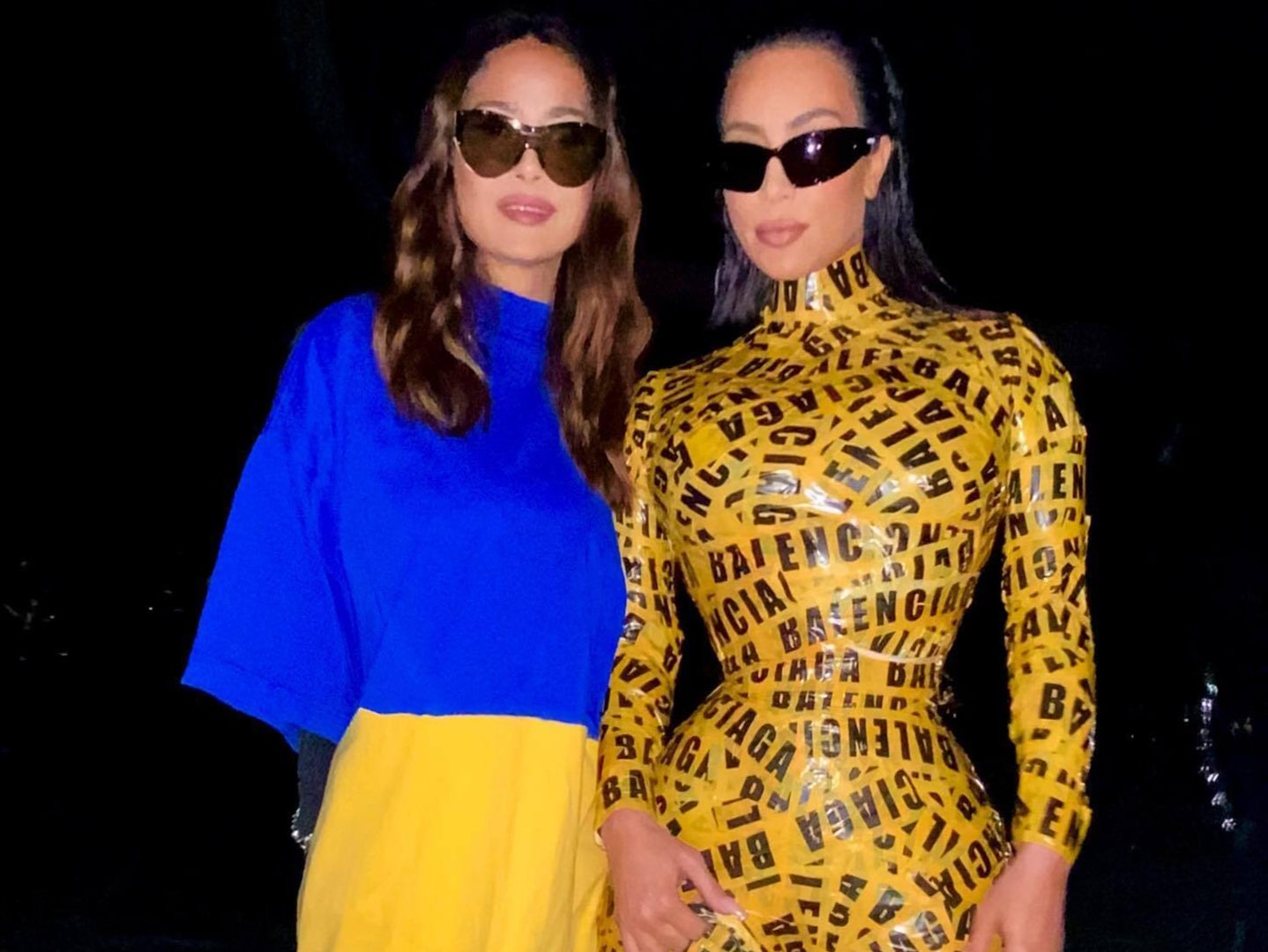 <p>Kim Kardashian and Salma Hayek at the Balenciaga show at Paris Fashion Week</p>