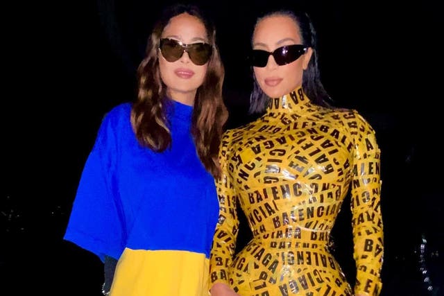 <p>Kim Kardashian and Salma Hayek at the Balenciaga show at Paris Fashion Week</p>