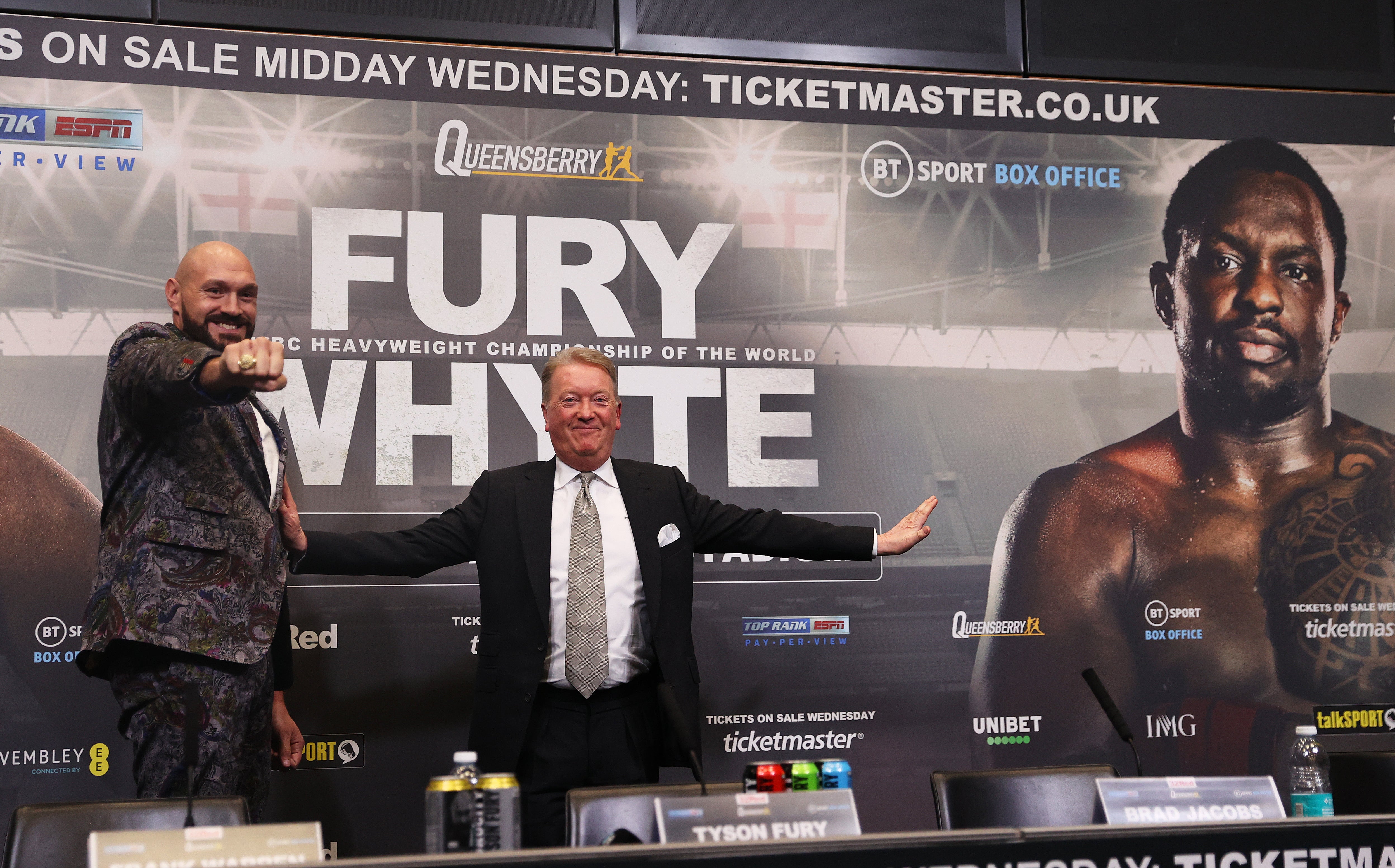 Tyson Fury (left) and promoter Frank Warren mock Dillian Whyte’s press conference no-show
