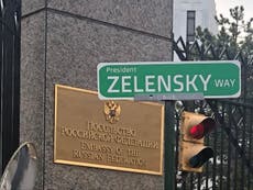 ‘President Zelensky Way’ road sign erected outside Russian embassy in Washington DC