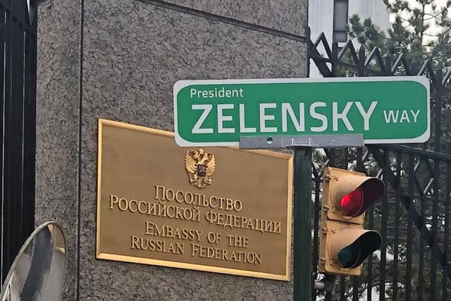<p>A sign outside Russia’s embassy in Washington DC</p>