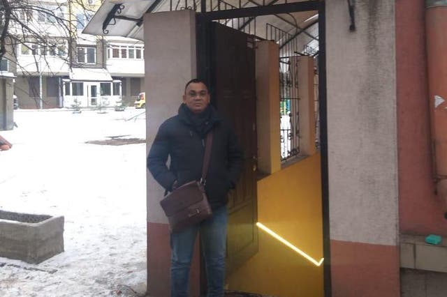 <p>Manish Dave, 52, outside his Saathiya Restaurant in the Ukrainian capital </p>
