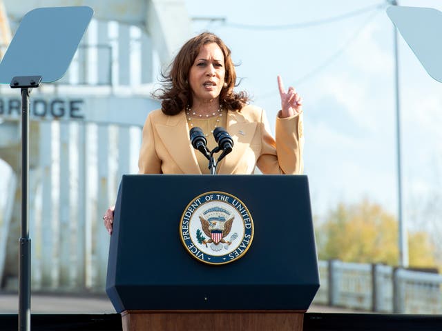 <p>United States Vice President Kamala Harris makes remarks prior to her ceremonial crossing of The Edmund Pettus Bridge in Selma, Alabama, USA, to commemorate the 57th anniversary of Bloody Sunday, 06 March 2022</p>