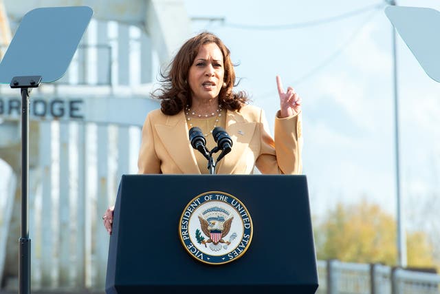 <p>United States Vice President Kamala Harris makes remarks prior to her ceremonial crossing of The Edmund Pettus Bridge in Selma, Alabama, USA, to commemorate the 57th anniversary of Bloody Sunday, 06 March 2022</p>