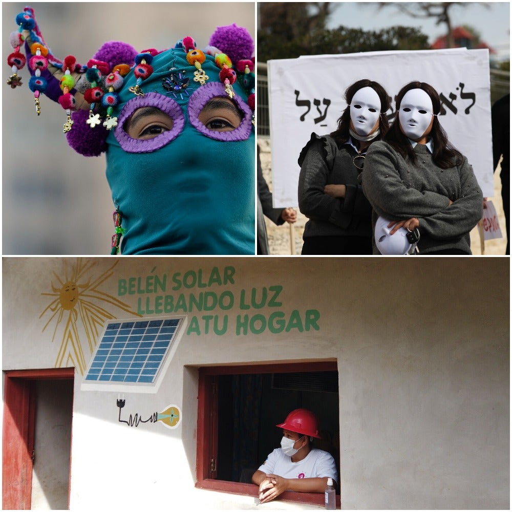 <p>Women protesting gender-based violence in Chile and Israel (top). A women and energy climate-focused project in Belen, Honduras </p>