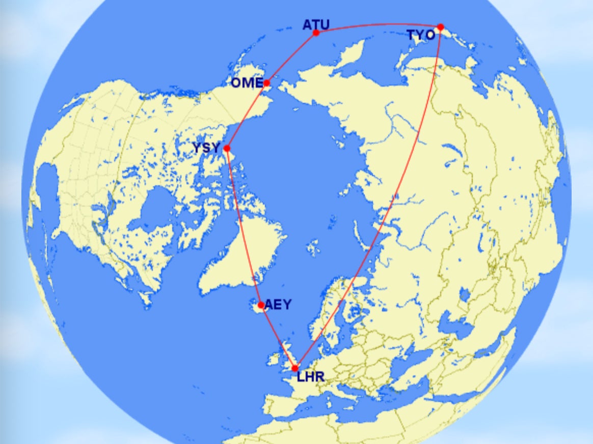 <p>Long way round: the approximate flight path of Japan Airlines flight JL44 from London Heathrow (LHR) to Tokyo (TYO), compared with the straightest route over Russia (right-hand-line)</p>