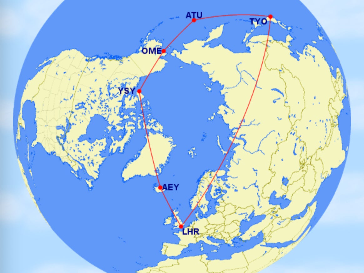 Long way round: the approximate flight path of Japan Airlines flight JL44 from London Heathrow (LHR) to Tokyo (TYO), compared with the straightest route over Russia (right-hand-line)