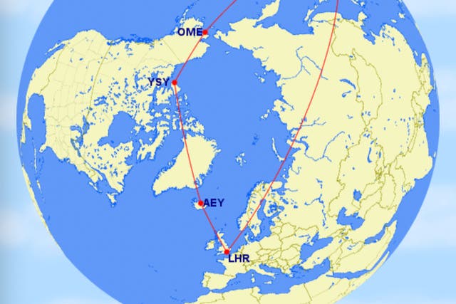 <p>Long way round: the approximate flight path of Japan Airlines flight JL44 from London Heathrow (LHR) to Tokyo (TYO), compared with the straightest route over Russia (right-hand-line)</p>