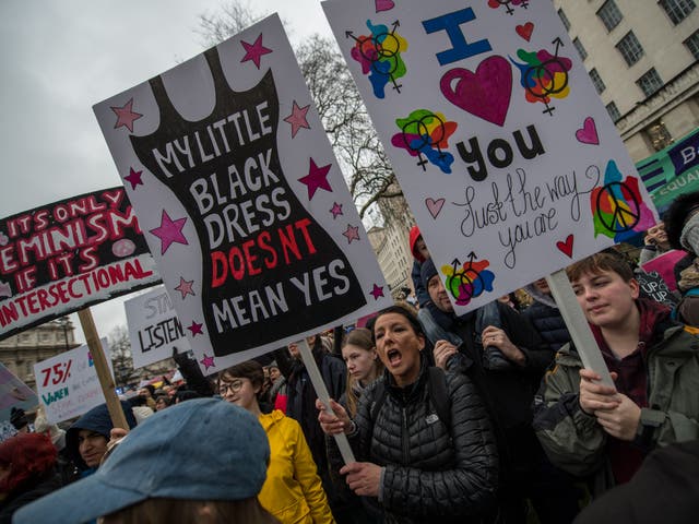 <p>Demonstrators make their voices heard at a rally for women’s rights in London</p>