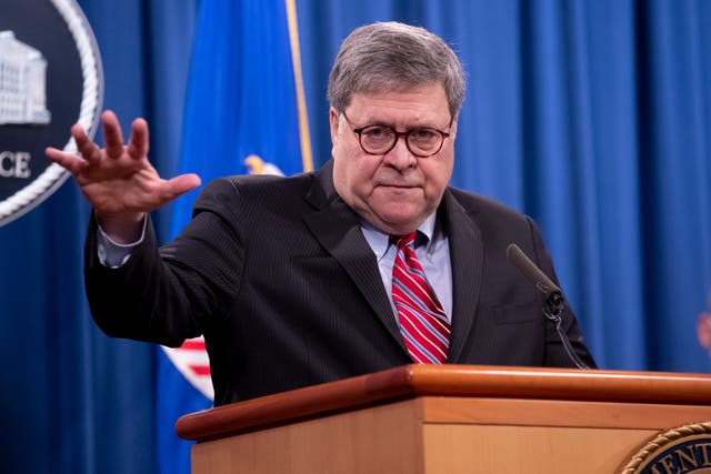 <p>William Barr holding a news conference at the White House on December 21, 2001</p>
