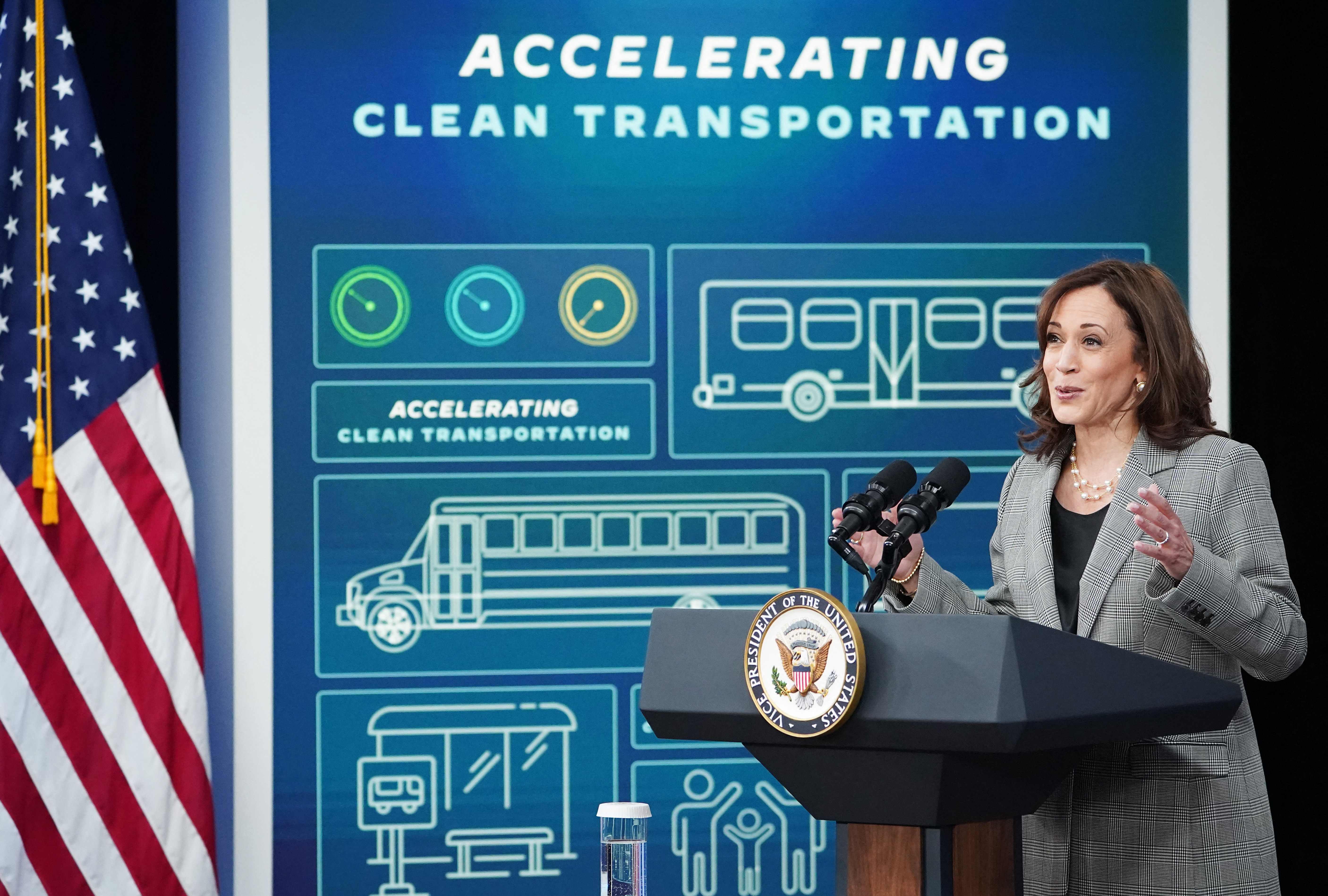 Vice President Kamala Harris announces a measure to expand clean public transit and school buses, and reduce emissions from diesel trucks on March 7