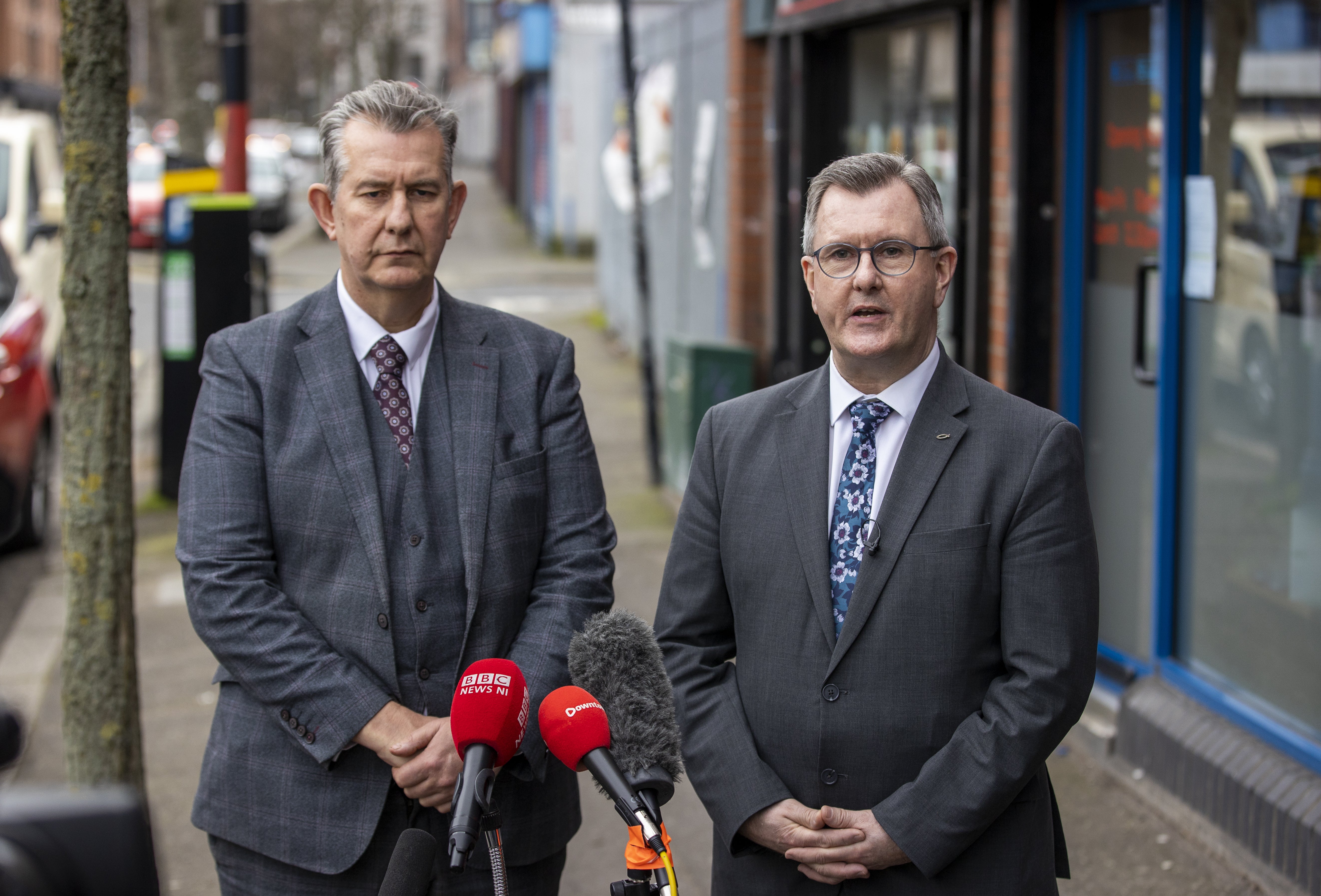 DUP leader Sir Jeffrey Donaldson (right) with his party colleague Edwin Poots, said the DUP supported the call for a new investigation into Omagh (Liam McBurney/PA)