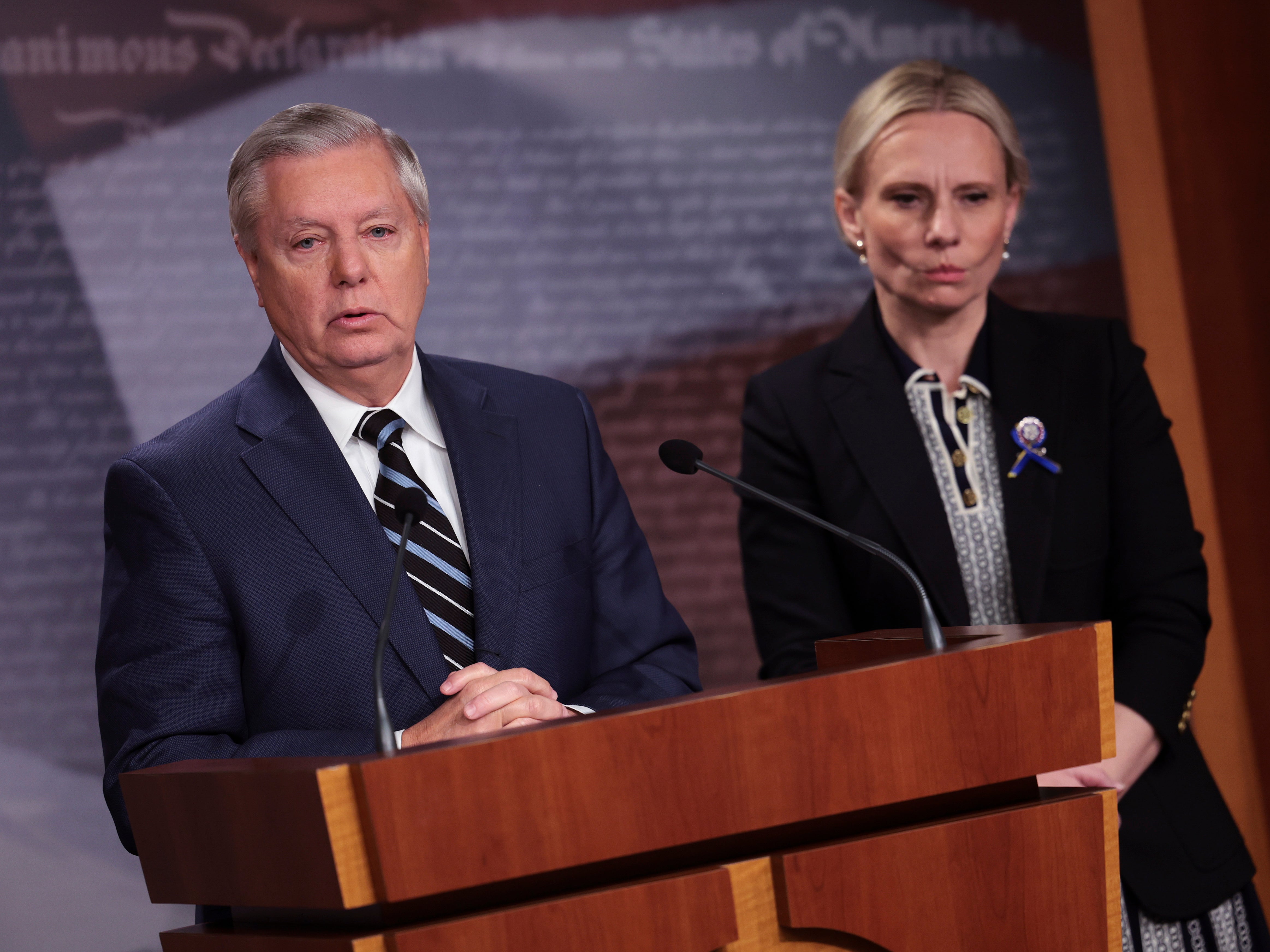 U.S. Sen. Lindsey Graham (R-SC) and Ukrainian-American Rep. Victoria Spartz (R-IN) speak to reporters on Russia's invasion of Ukraine at the U.S. Capitol on March 02, 2022 in Washington, DC