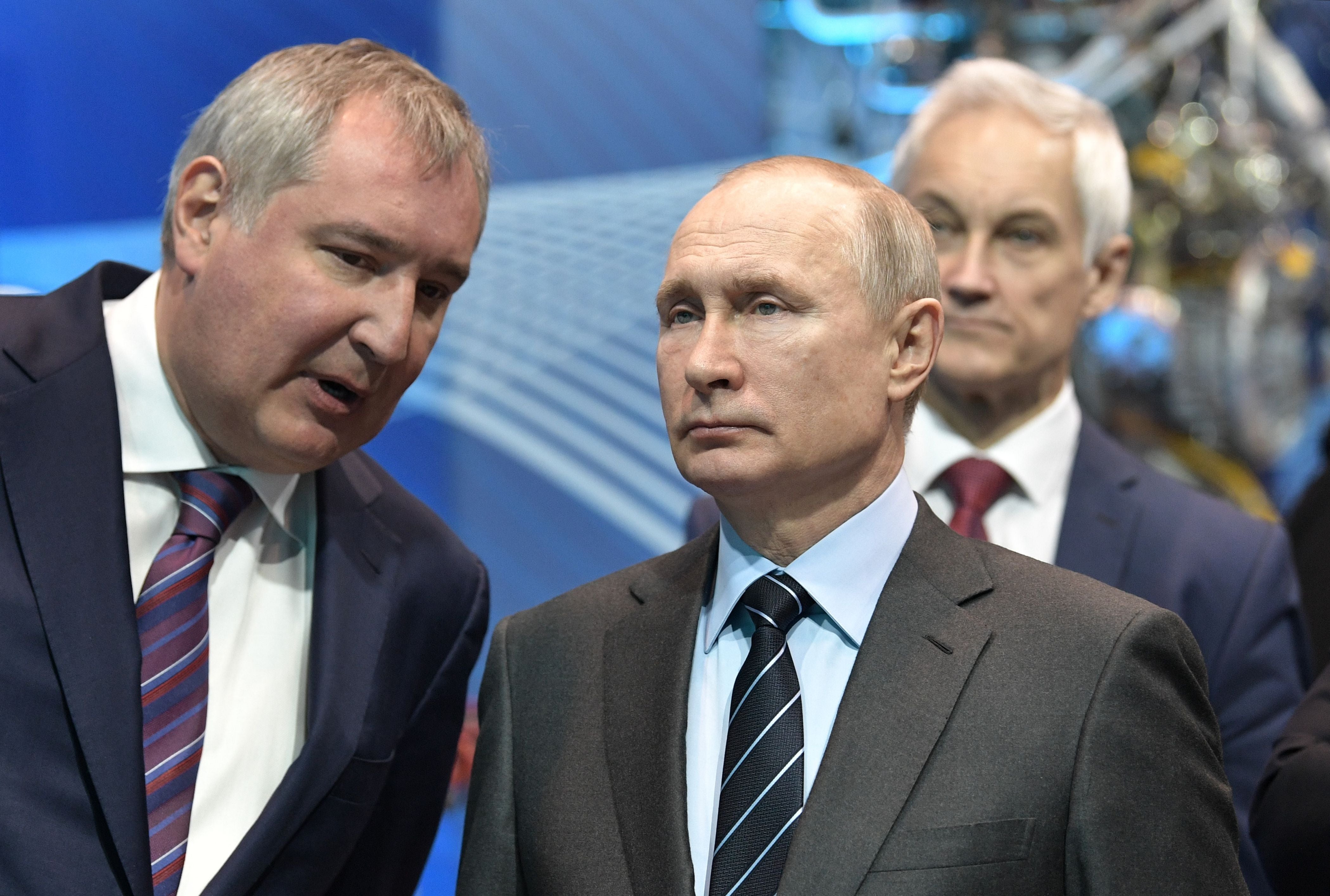 <p>Russian space agency chief Dmitry Rogozin with Russian President Vladimir Putin</p>