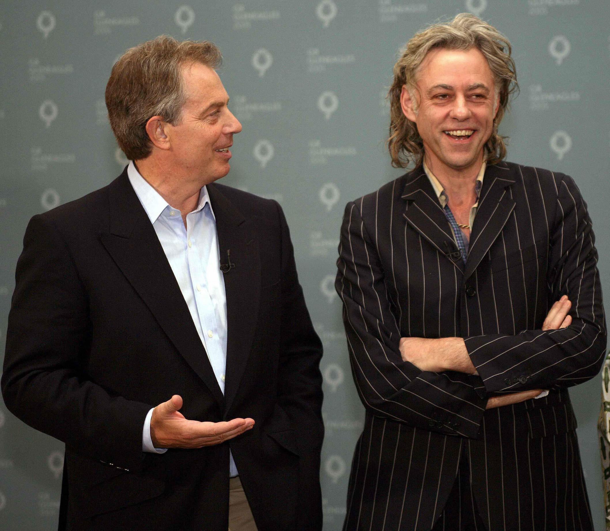 Blair with Bob Geldof in 2005 during preparations for Live Aid, which coincided with a G8 summit meeting