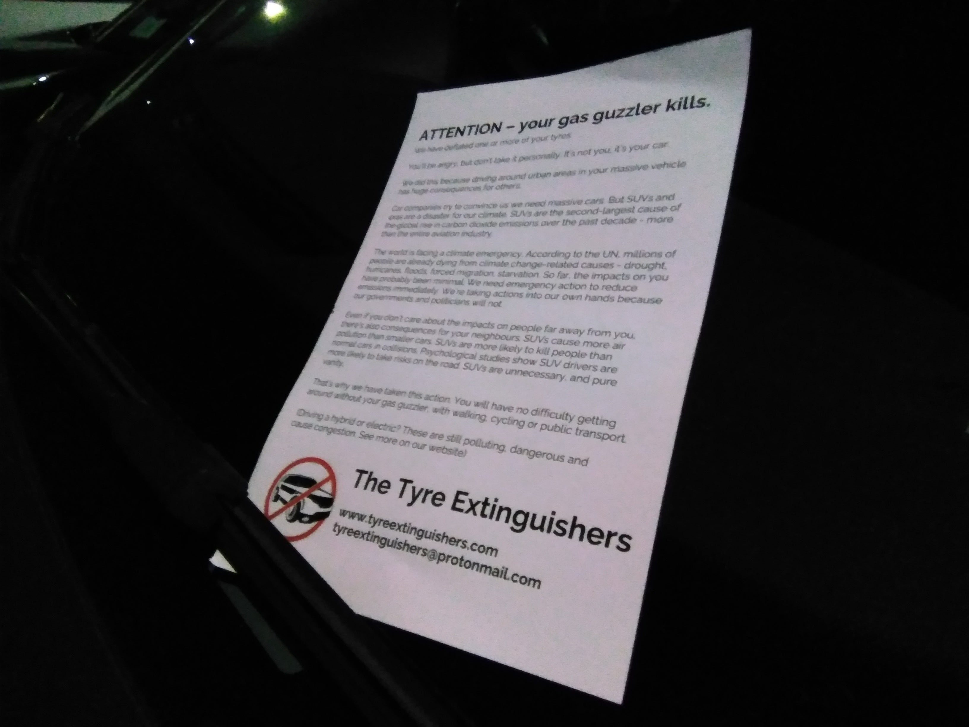 A letter the group leaves on the luxury vehicles they target