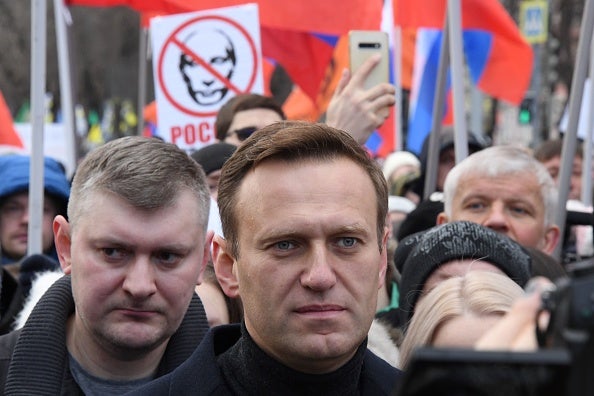Alexey Navalny takes part in a march in memory of murdered Kremlin critic Boris Nemtsov in downtown Moscow on February 29 2020.
