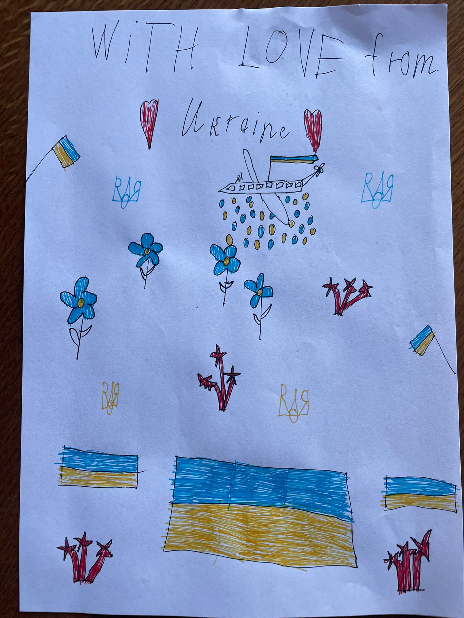 The drawing done for Bel by two boys: ‘With love from Ukraine’