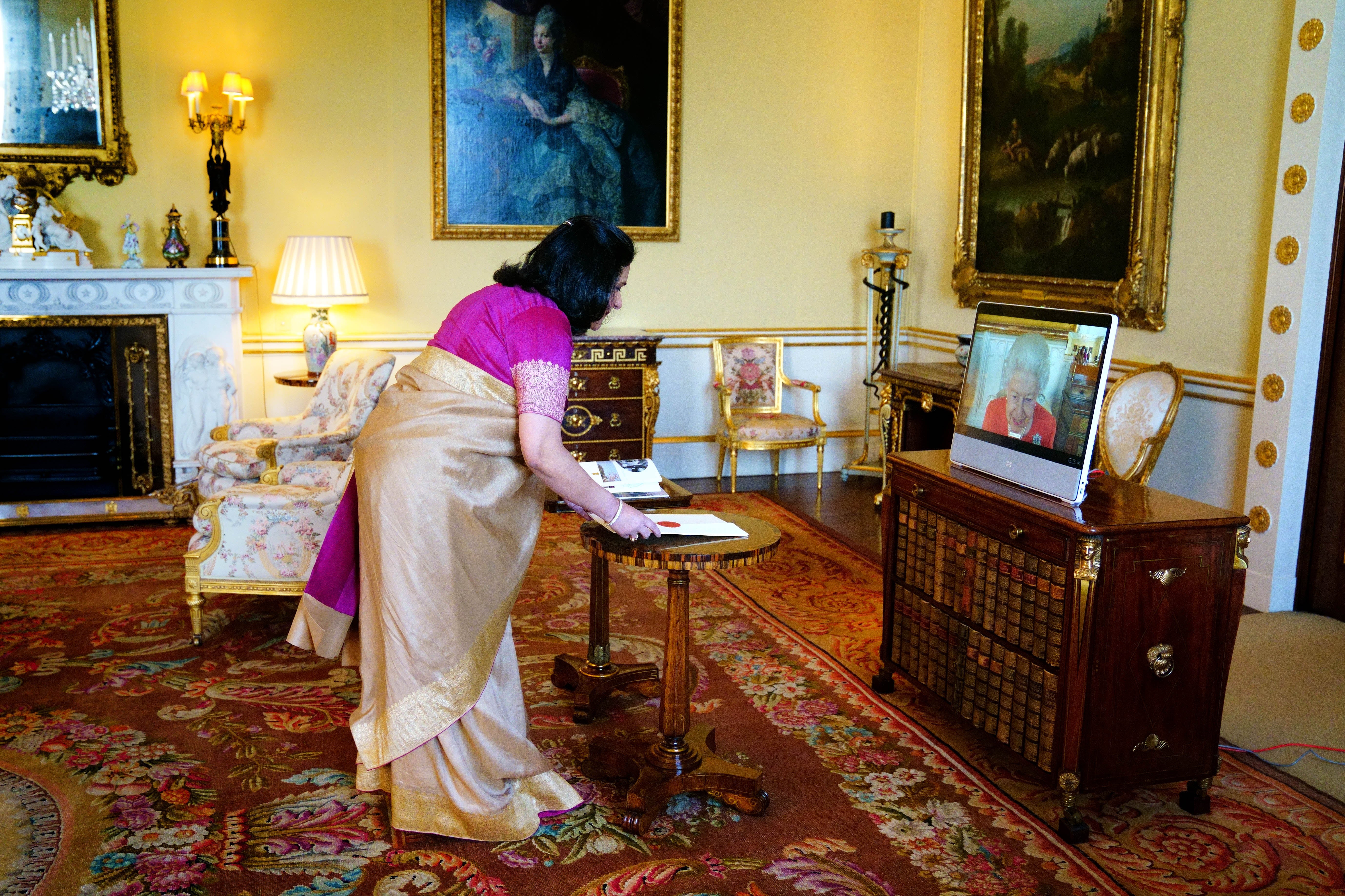 The High Commissioner of India, Gaitri Issar Kumar, presents her credentials (Victoria Jones/PA)