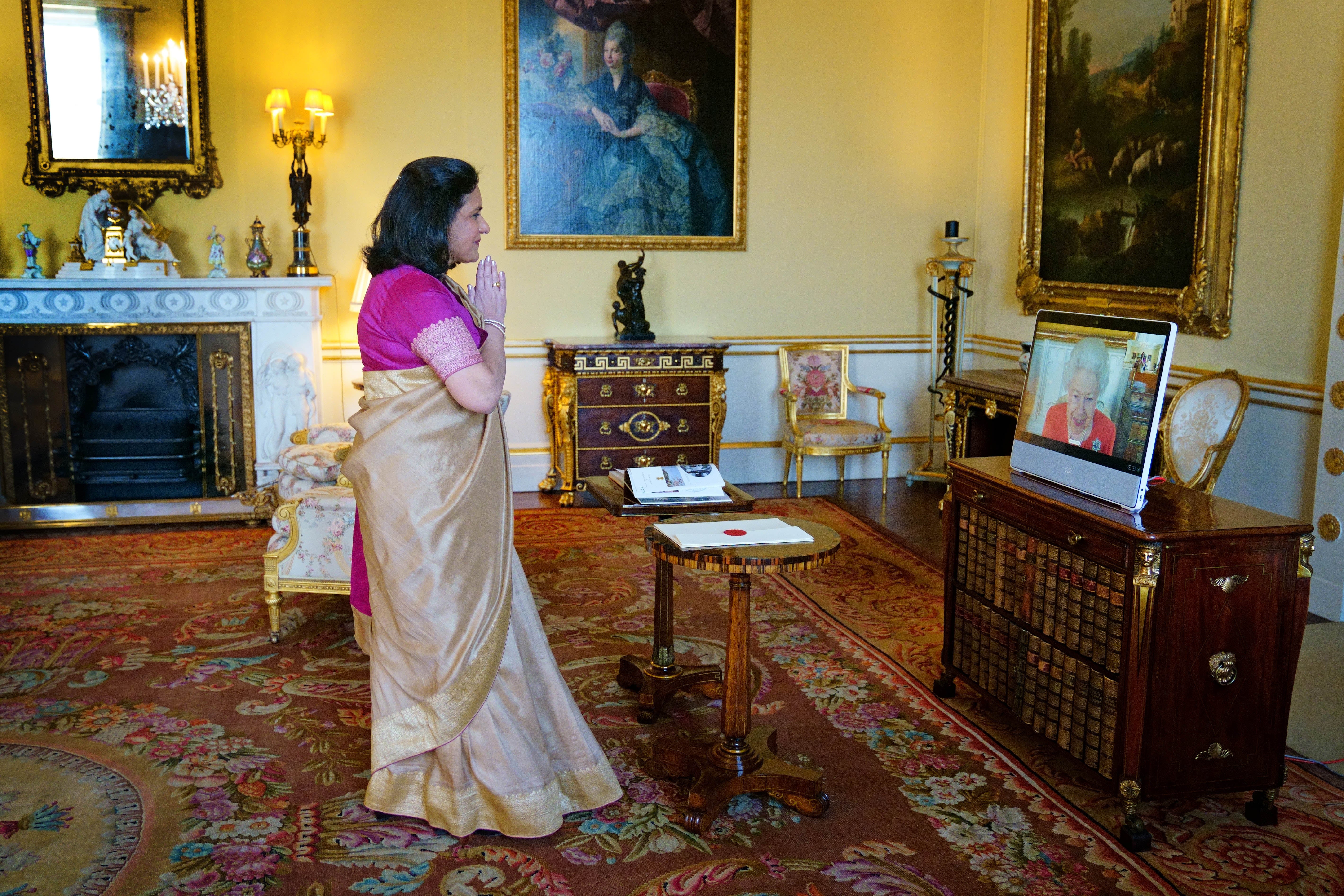 The Queen holds an audience with Indian High Commissioner Gaitri Issar Kumar via video-link from Windsor Castle (Victoria Jones/PA)