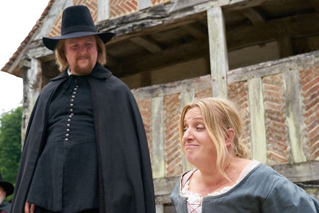 <p>Hex maniacs: incompetent junior witchfinder Gideon Bannister (Tim Key) and the foul-mouthed but innocent Thomasine Gooch (Daisy May Cooper) in ‘The Witchfinder’ </p>