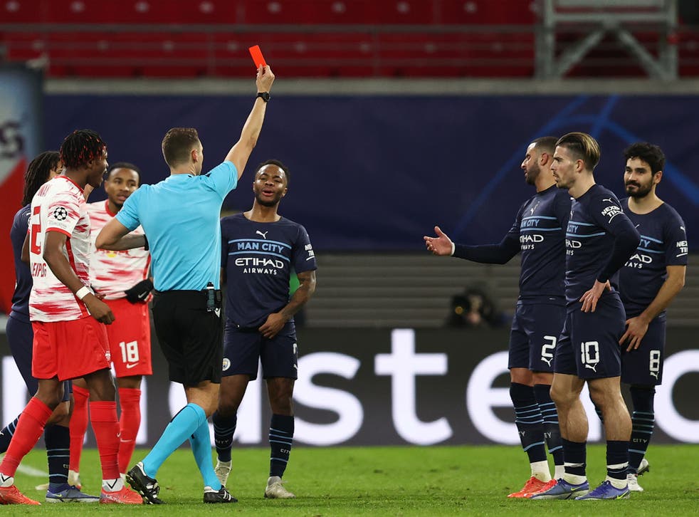 <p>Manchester City defender Kyle Walker shown red card against RB Leipzig</p>
