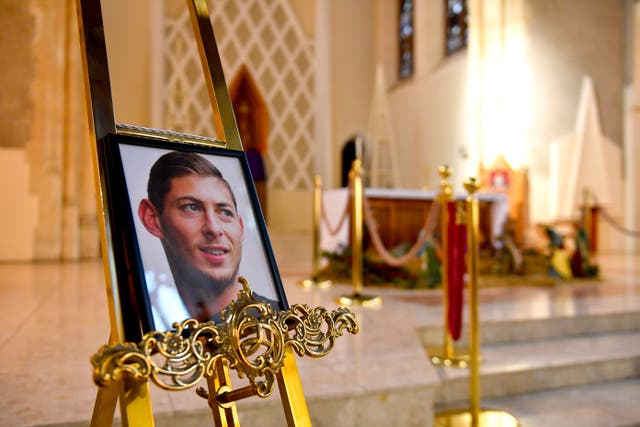 A portrait of Emiliano Sala displayed at the front of St David’s Cathedral, Cardiff (Jacob King/PA)