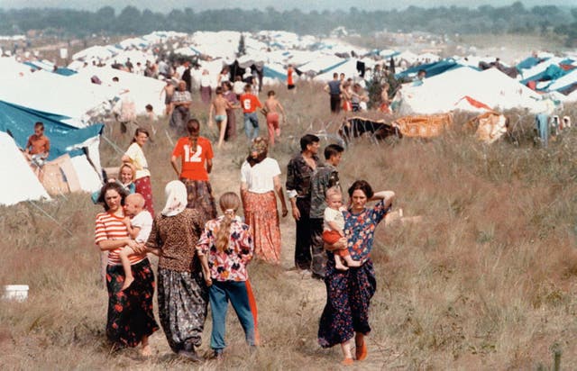 <p>Refugees from the fallen Bosnian ‘safe area’ of Srebrenica, where more than 8,000 Bosniak Muslim men and boys were killed, at a camp set up by the UN in Tuzla, 15 July 1995</p>