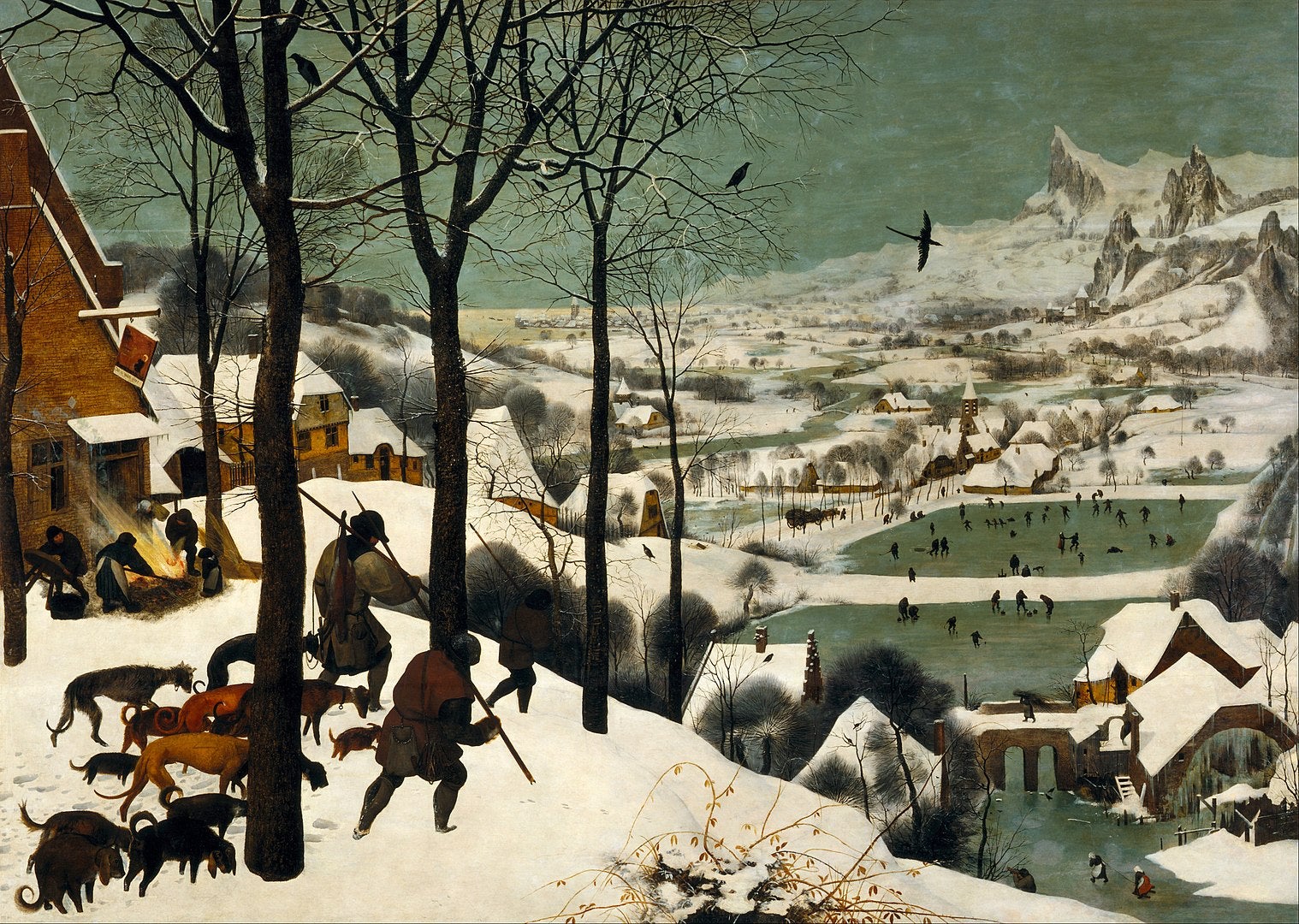 Weary hunters return from an expedition with little to show for it in the 1565 Dutch painting, Hunters in the Snow by Pieter Brueghel the Elder