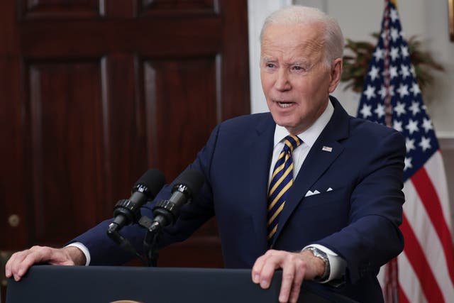 <p>President Joe Biden announces a ban on Russian oil and gas from the Roosevelt Room of the White House on March 8, 2022</p>