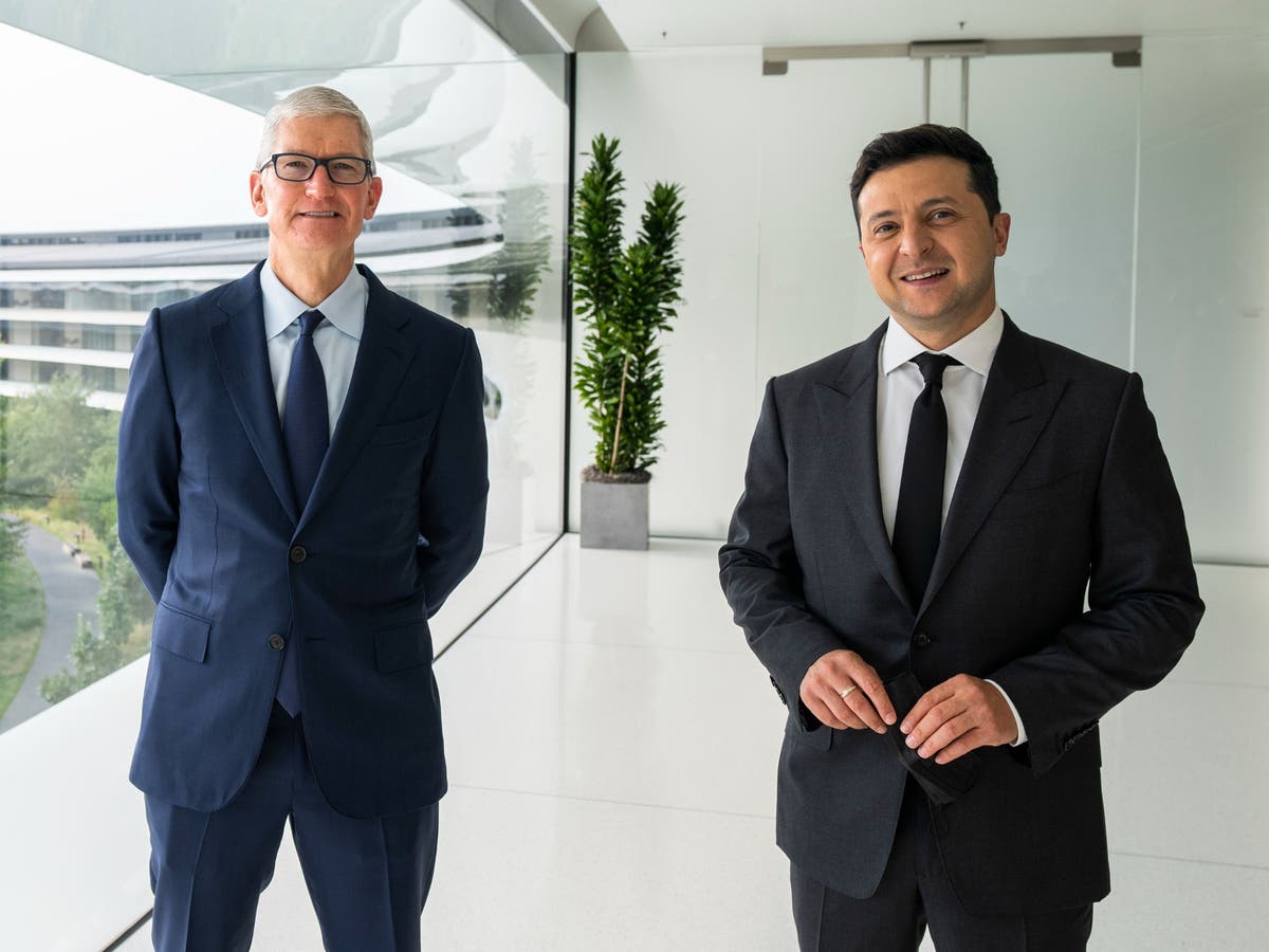 Tim Cook wears colours of Ukraine flag at Apple event in latest signal of support