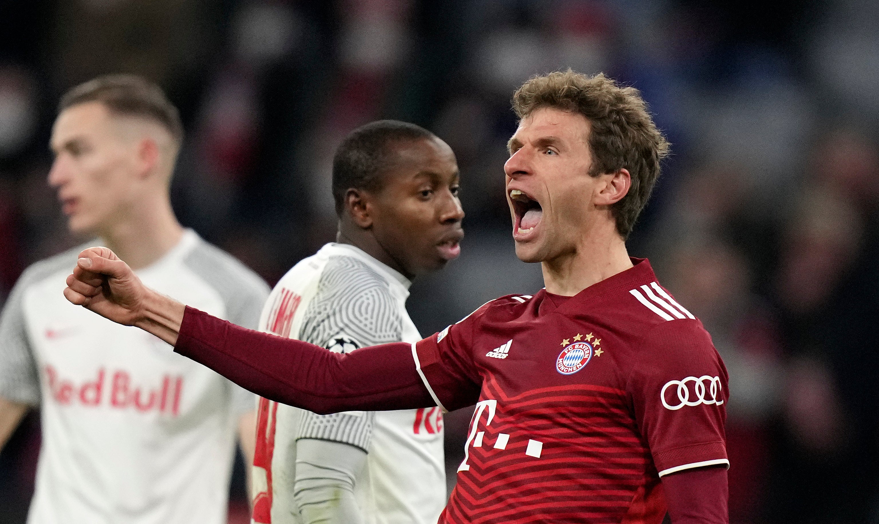 Thomas Muller reacts after scoring Bayern Munich’s fifth goal (Matthias Schrader/AP)