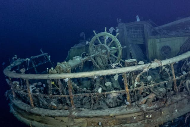 <p>The ship’s wheel and aft well deck on the wreck of Endurance</p>