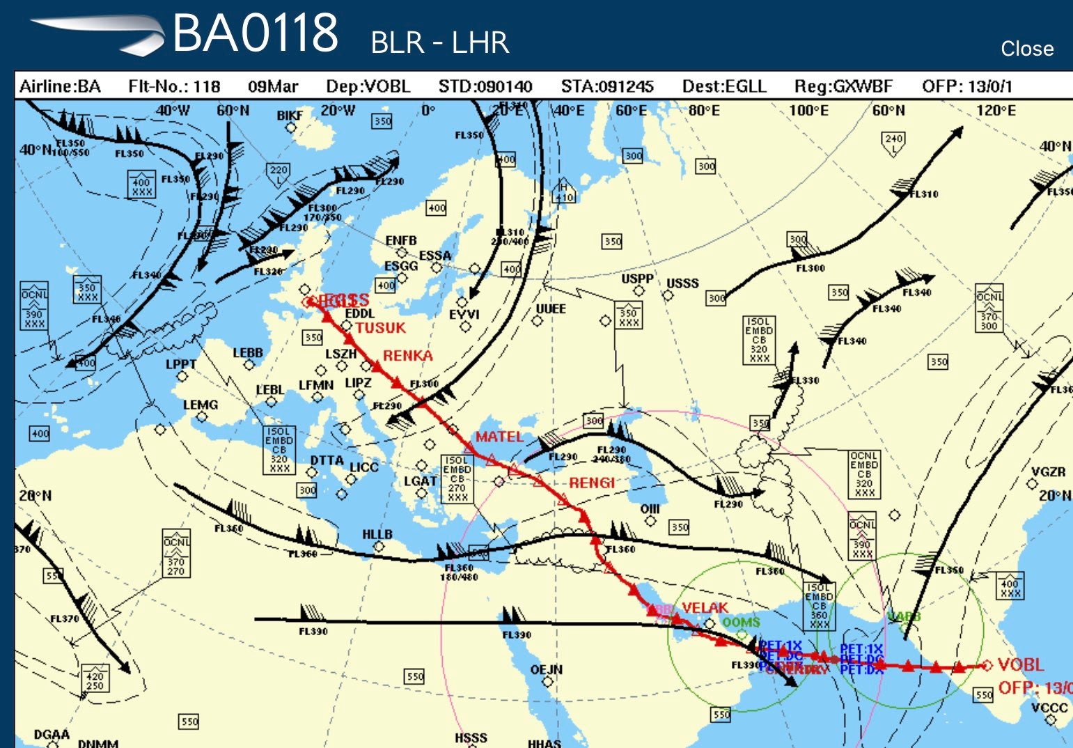 Going places: the flightpath of British Airways 118 from Bengaluru to London Heathrow