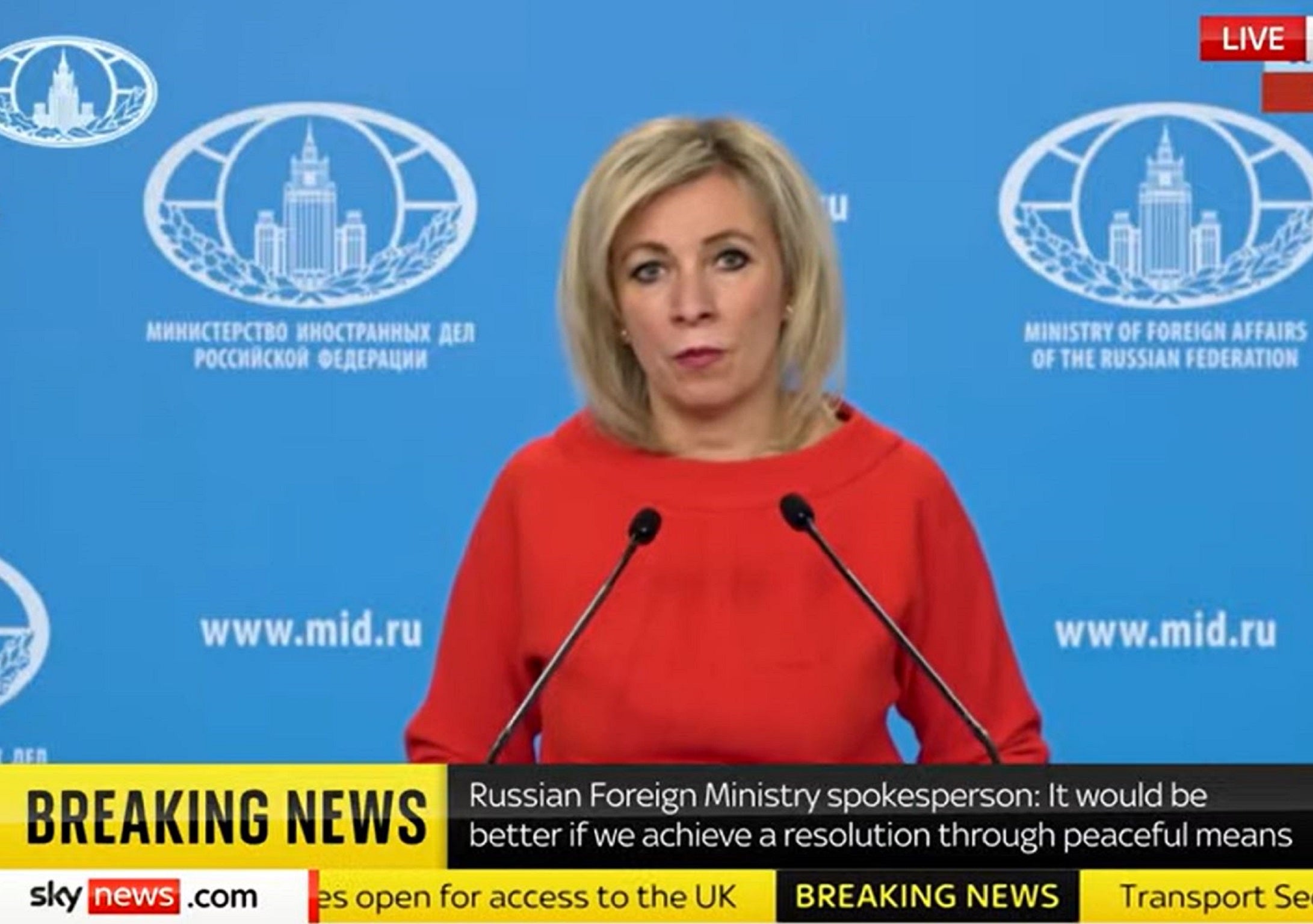 Russian Foreign Ministry spokeswoman Maria Zakharova speaks during a televised news conference in Moscow on 9 March 2022