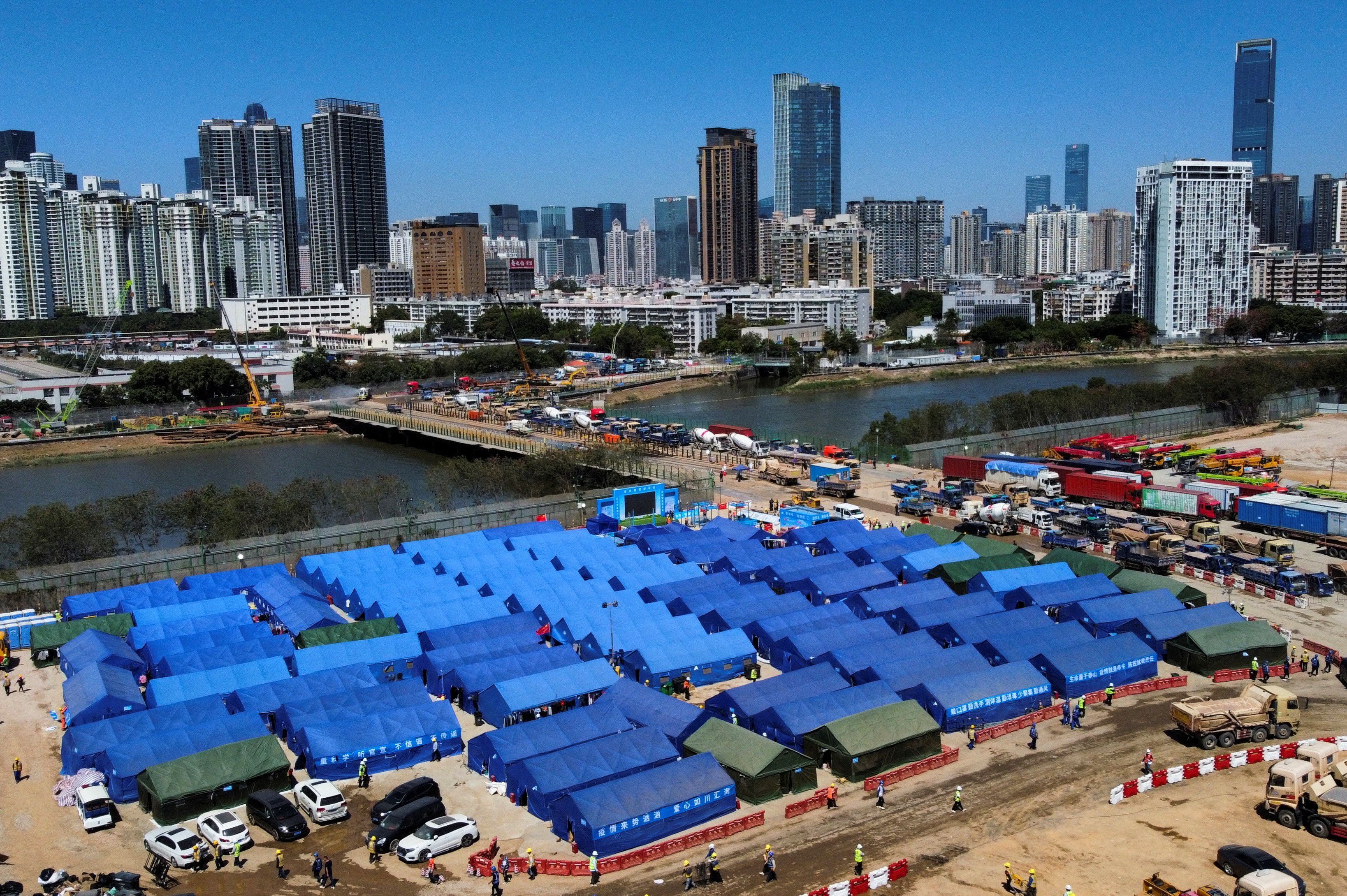 A general view shows a temporary bridge from Shenzhen to Hong Kong for transporting materials and workers to build a coronavirus disease